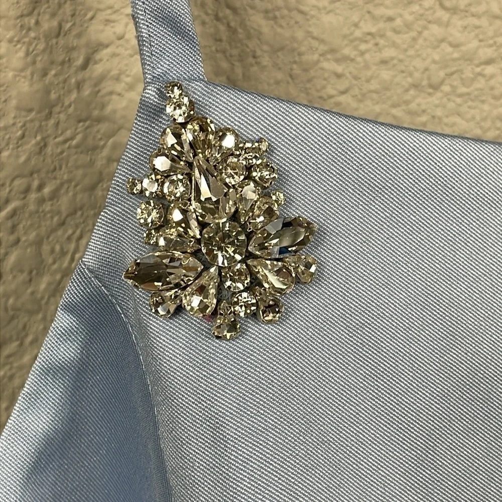 New Sachin & Babi Pryce Crystal Strap Detail Vertical Stretch Mikado Column Gown